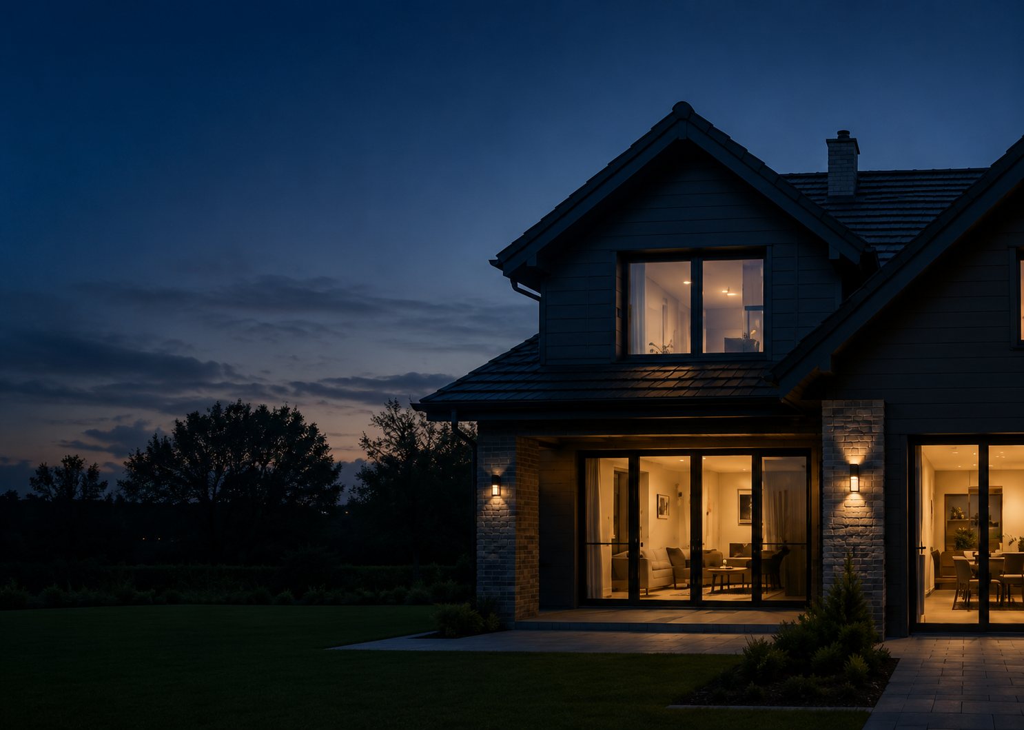 Woning in de avond met verlichte ramen, nieuwe kozijnen en isolatieglas